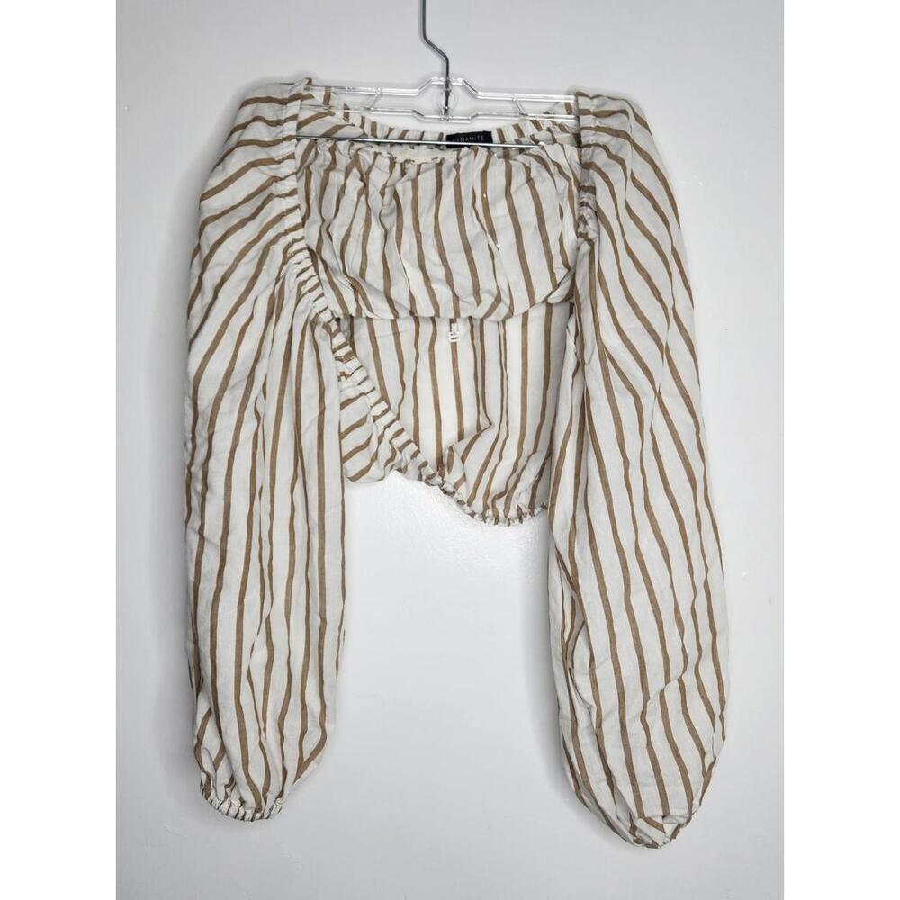 Dynamite Striped Puff Sleeve Shrug Top Womens XS White Tan Linen Tencel Cropped